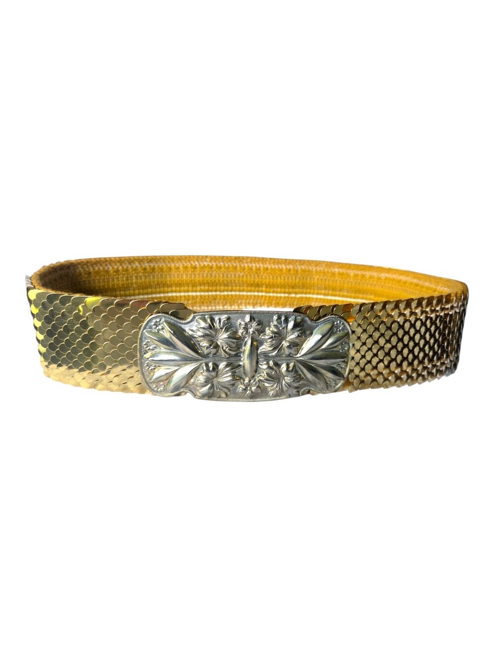 Vintage 1950s Gold Scale Stretch Belt Floral Silver Tone Buckle Wide Waist Cinch